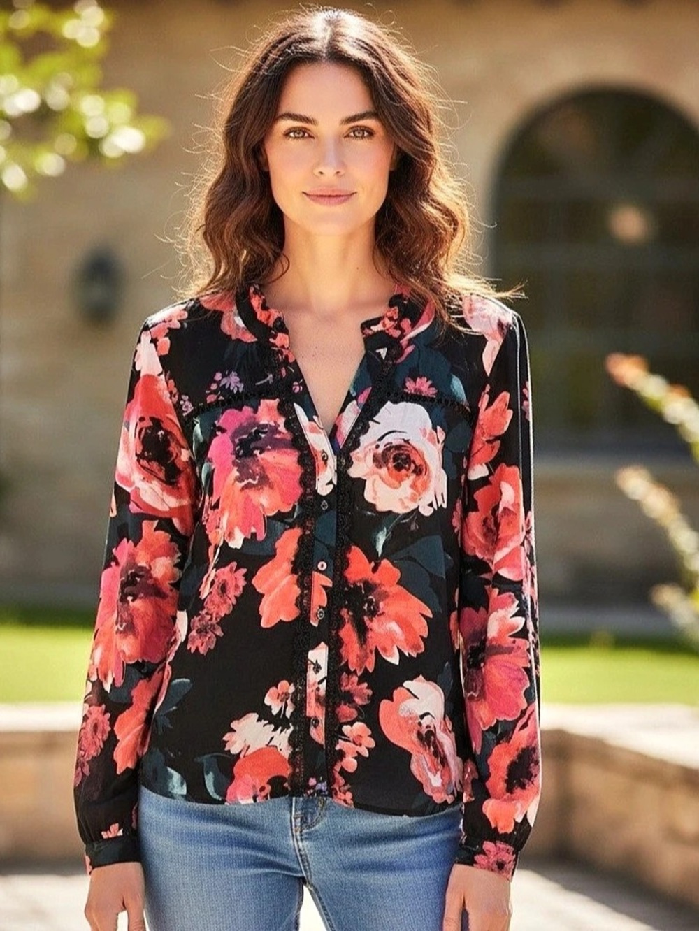 Zac & Rachel Floral Blouse in Black & Pink XL
